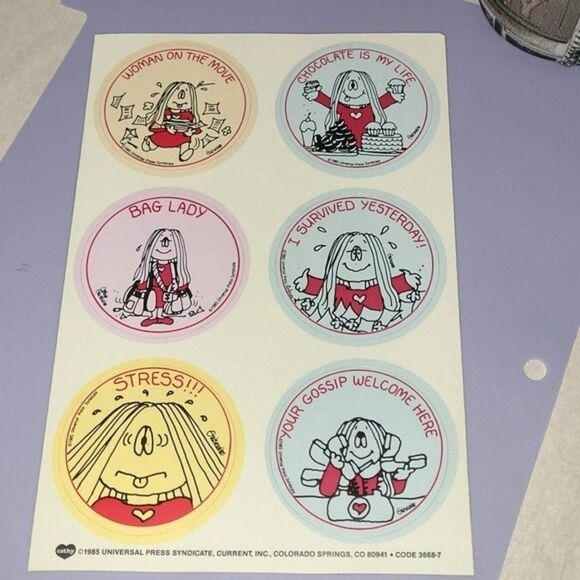 Vtg 80s CAthy Cathy Guisewite stickers on sheet page quantity 6 round Retro Y2k - Picture 1 of 16